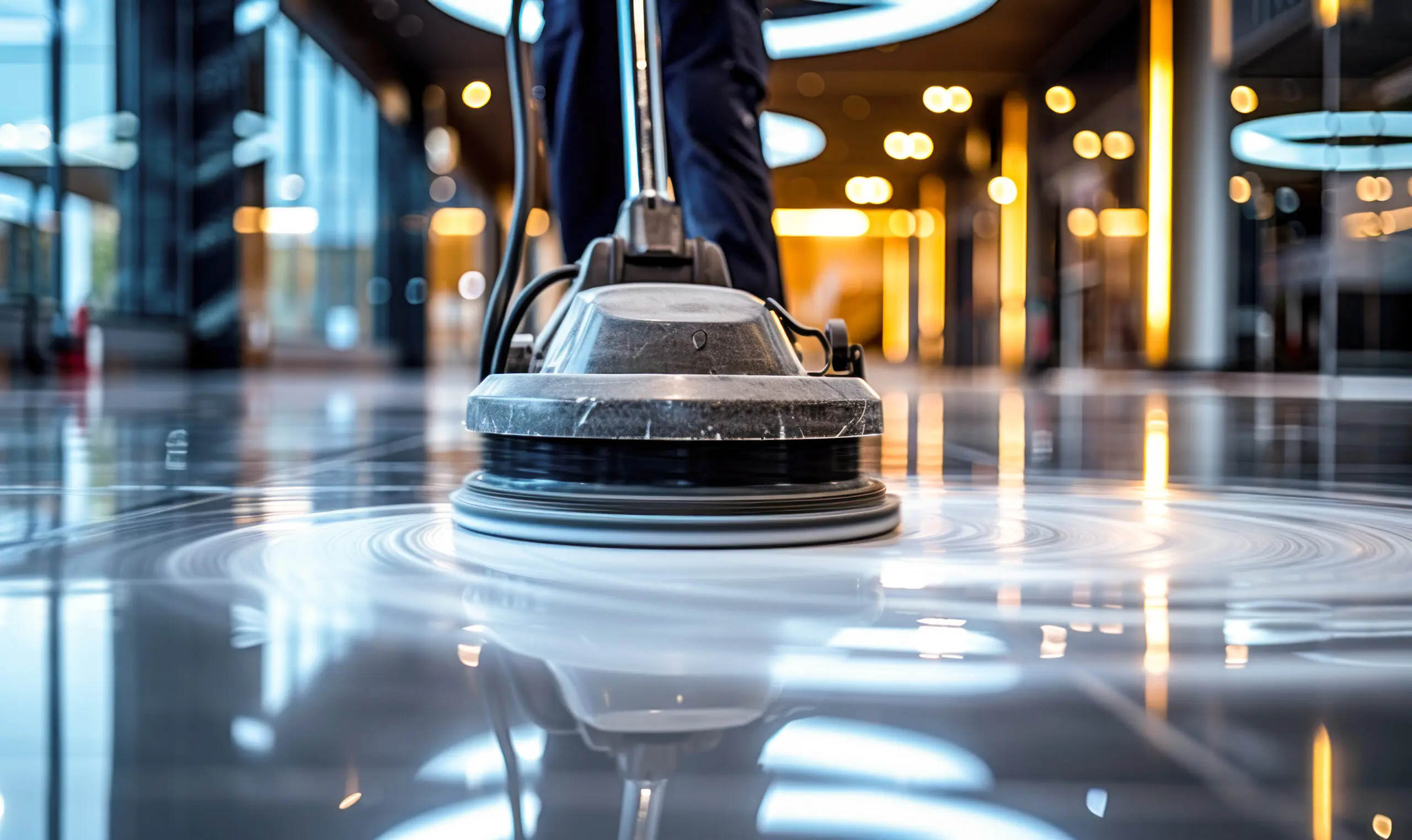Professional janitorial staff using an industrial floor buffer machine for cleaning and polishing the hallway of a modern corporate or commercial building